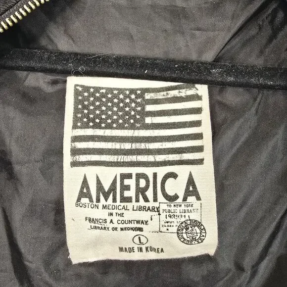 America Jacket Mens Large Black Hooded Parka Full Zip All Over Print Graphic